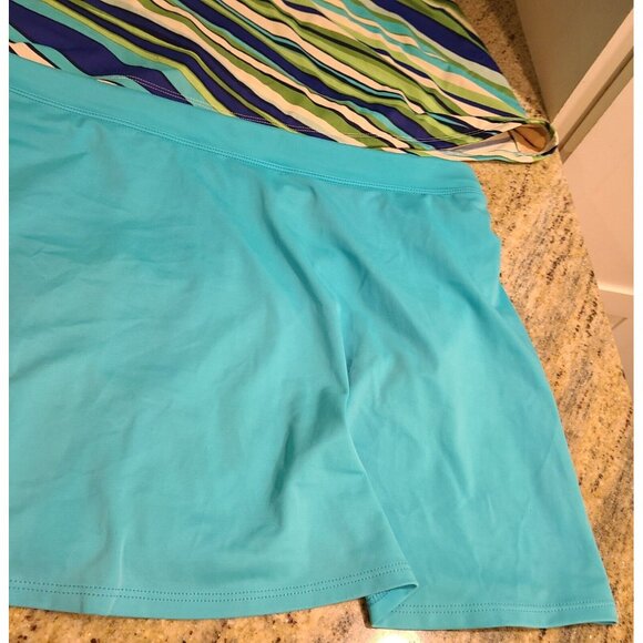 LL Bean Tankini Swim Skirt Set Plus Size 18 Blue Green Stripe Halter - Picture 3 of 16